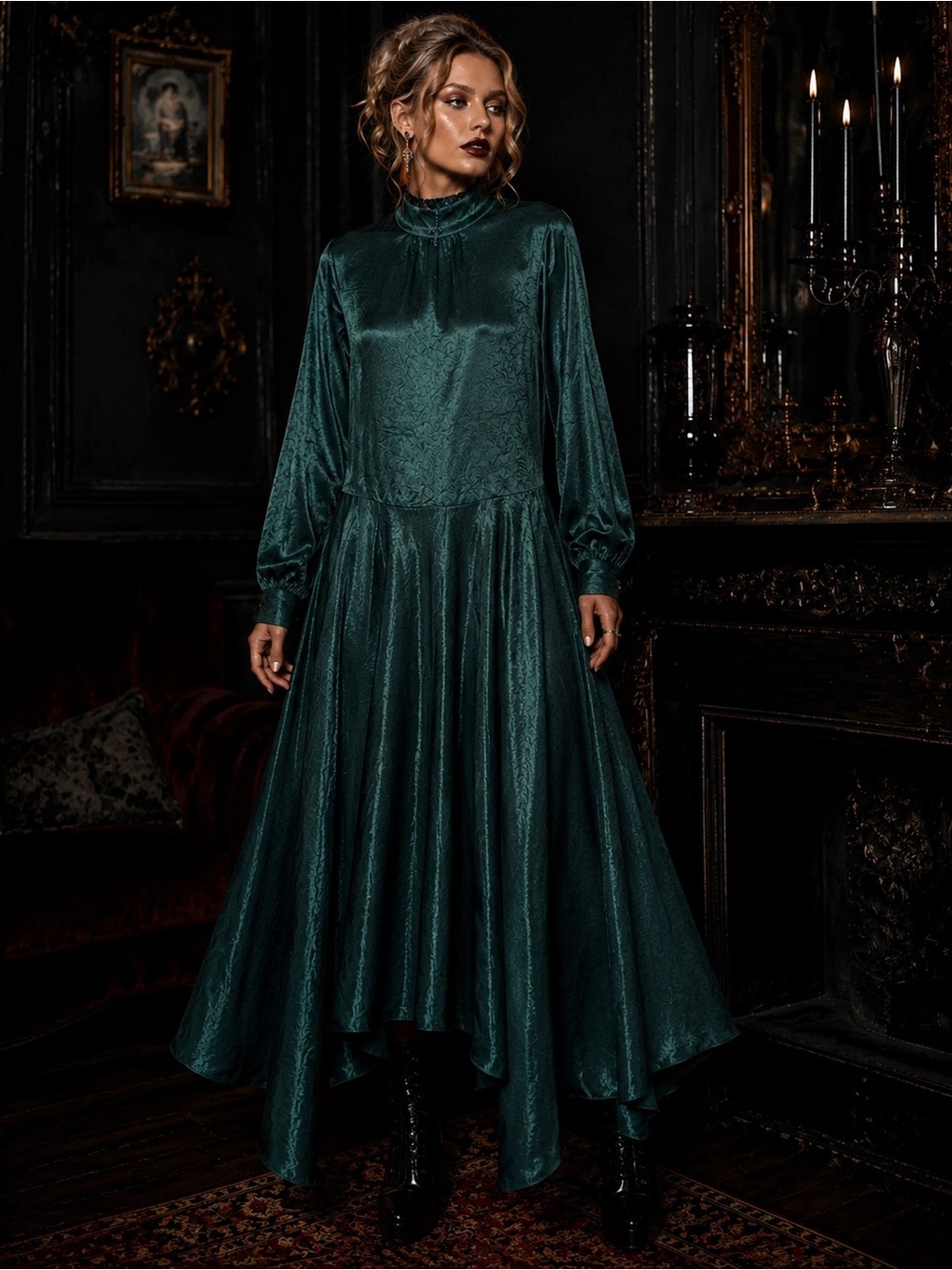 Everleigh Emerald Gothic Glam Satin M/L Dress Romantic Victorian Dark Academia